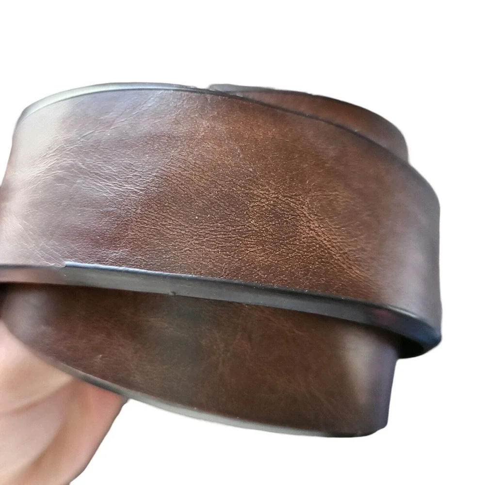 Vegan leather men's belt Brown Ratchet Slider silver metal buckle 33 41 casual - Picture 3 of 6